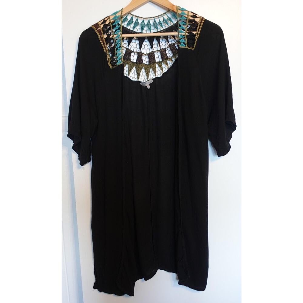 Vintage Y2K Cardigan Medium Black‎ Open Flowy Crochet Boho Duster Festival USA